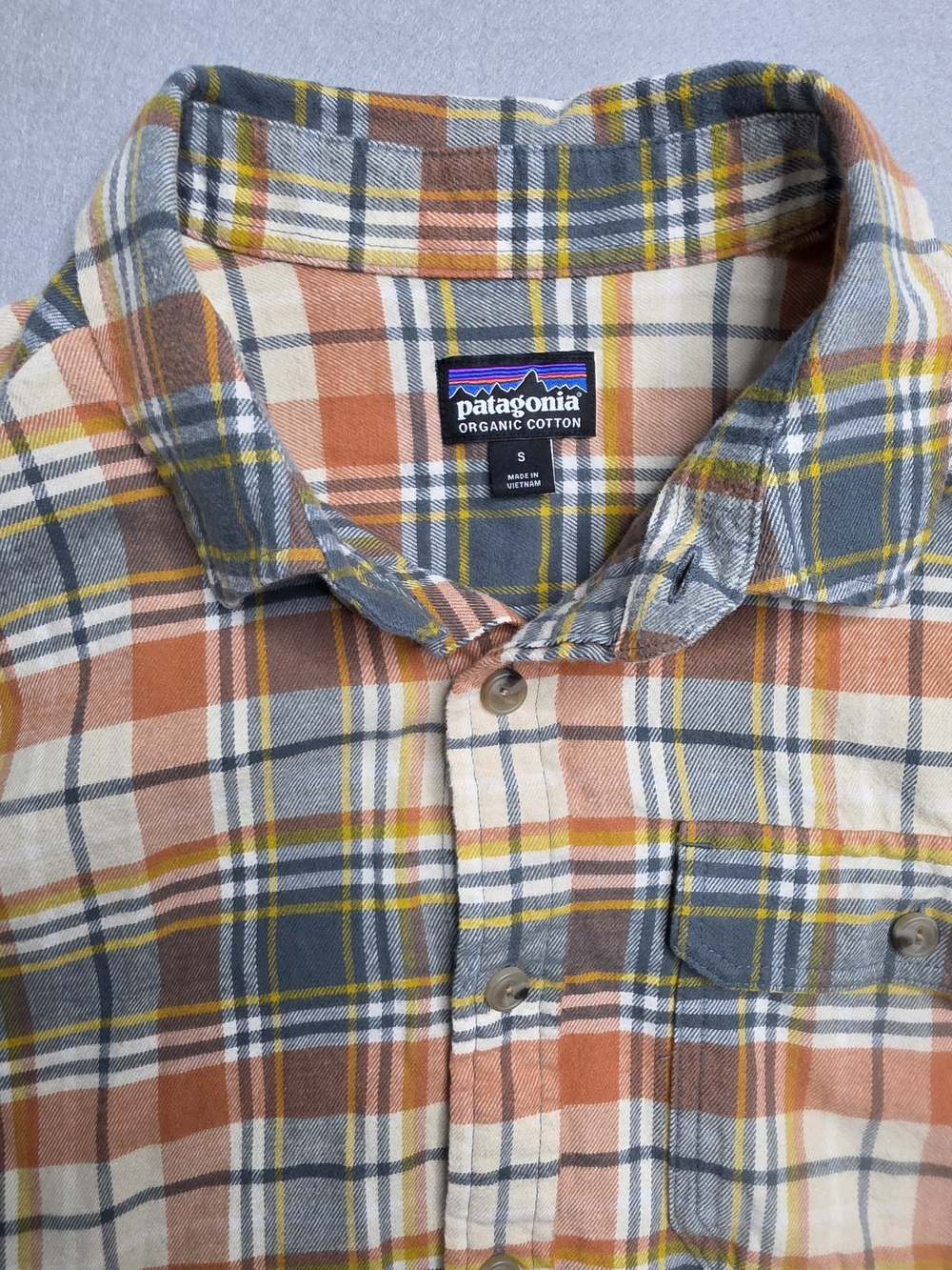 Patagonia Orange, Gray & Yellow Plaid Organic Cotton Shirt Size Small